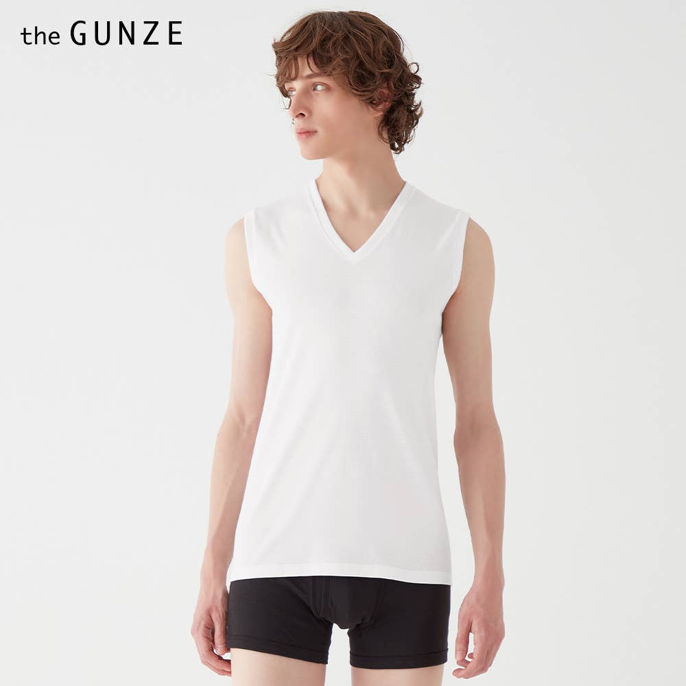 【綿100%】Vネックスリーブレス